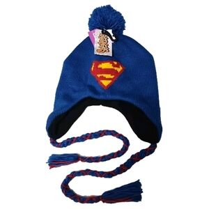 Superman Knit Winter Hat Pom Pom Beanie Ear Flaps Braided Tassels